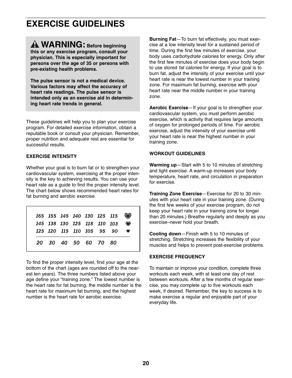 Exercise guidelines warning | ProForm PFEX74207.1 User Manual | Page 20 / 24