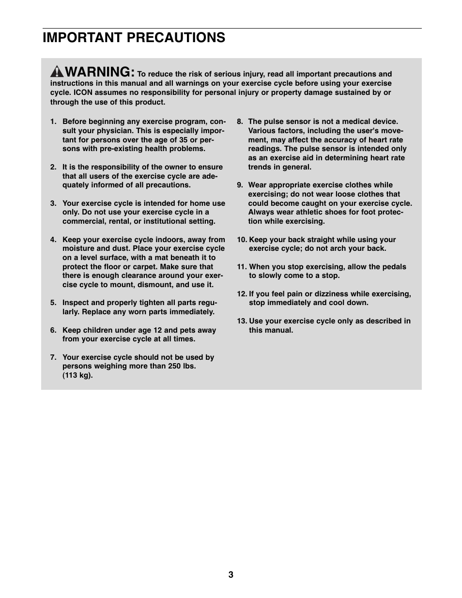 Warning, Important precautions | ProForm PFEX74207.1 User Manual | Page 3 / 24