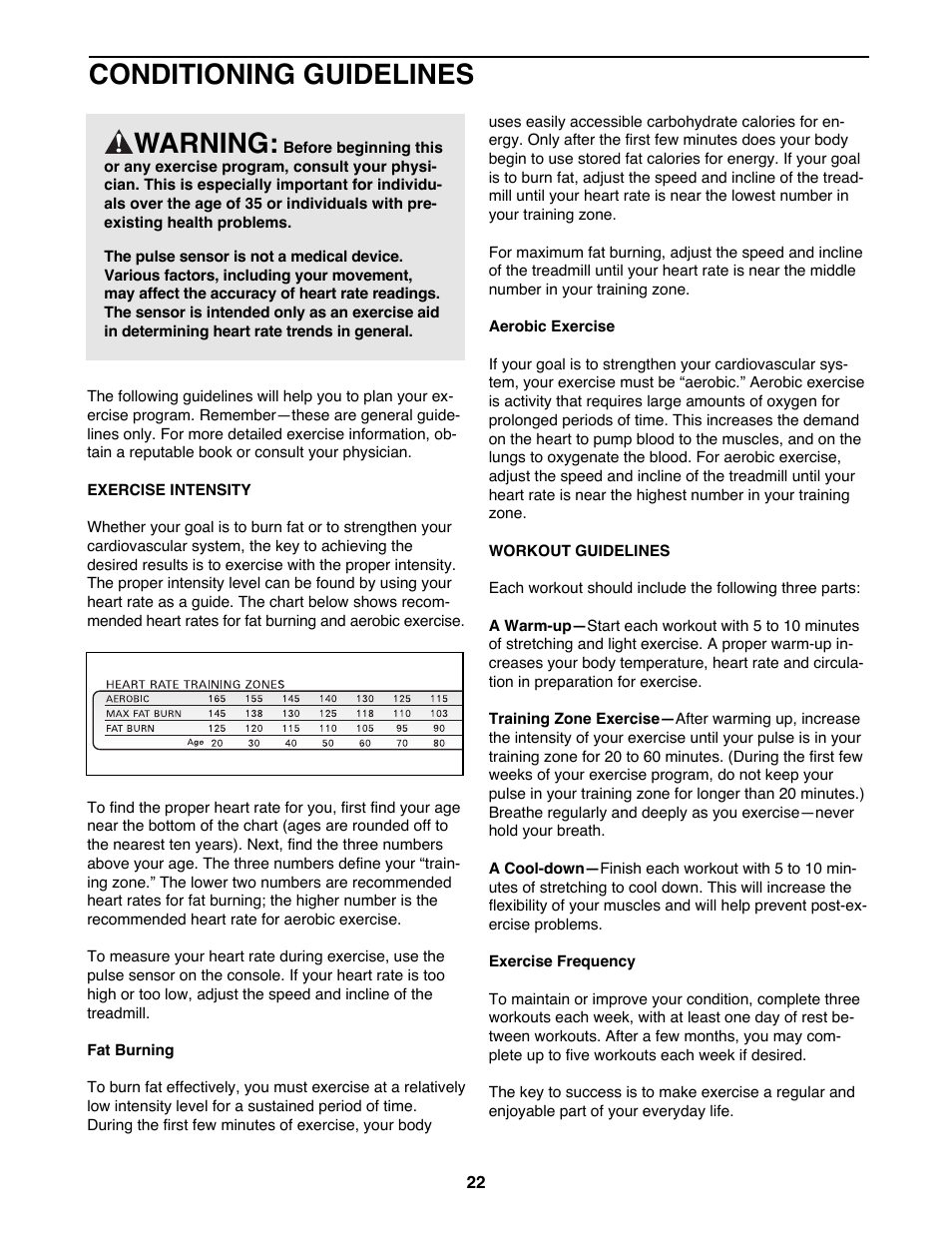 Conditioning guidelines, Warning | ProForm 830QT User Manual | Page 22 / 26