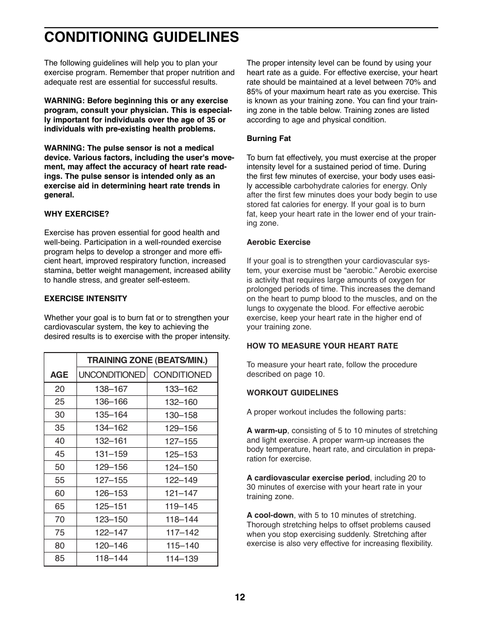 Conditioning guidelines | ProForm 831.285870 User Manual | Page 12 / 16