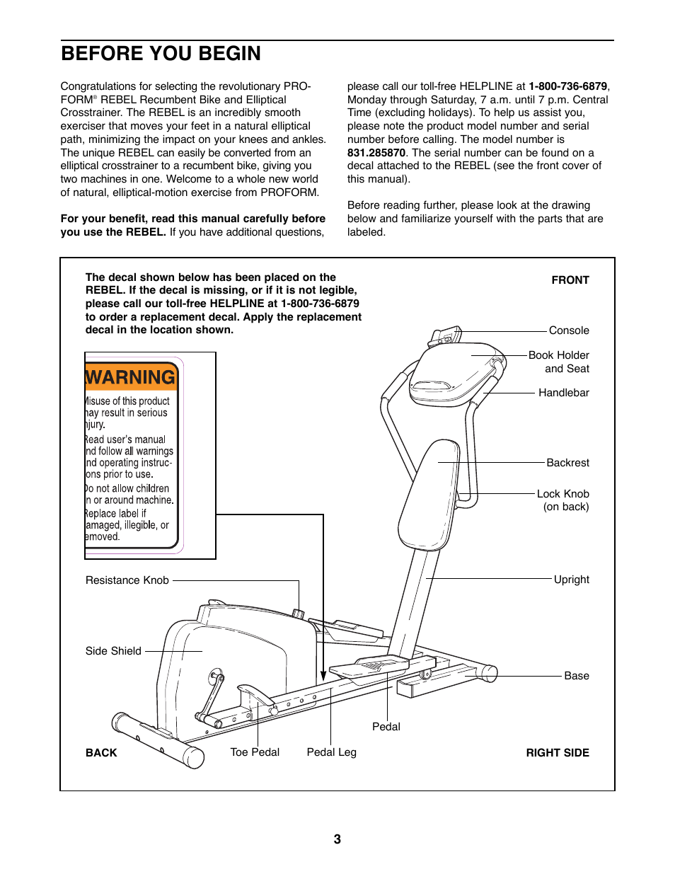 Before you begin | ProForm 831.285870 User Manual | Page 3 / 16
