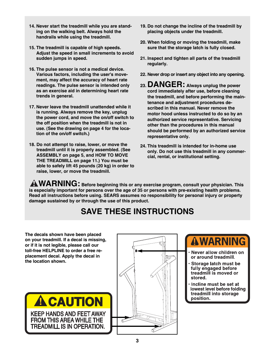 Danger, Warning, Save these instructions | ProForm 831.297693 User Manual | Page 3 / 18