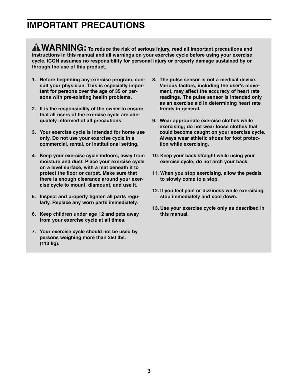 Warning, Important precautions | ProForm GR 80 PFEX1995.1 User Manual | Page 3 / 20