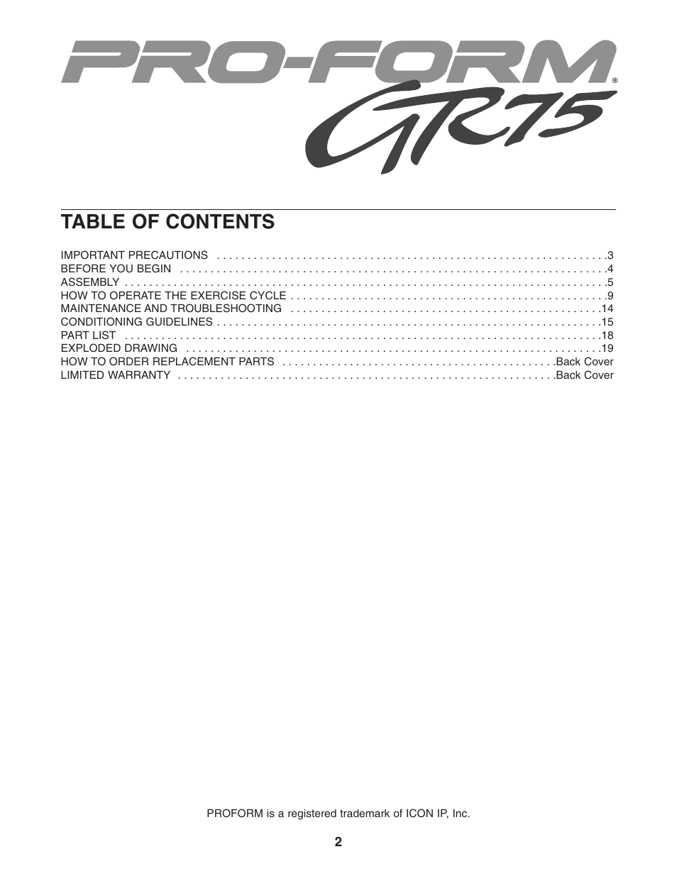 ProForm GR 75 PFEX1495.0 User Manual | Page 2 / 20