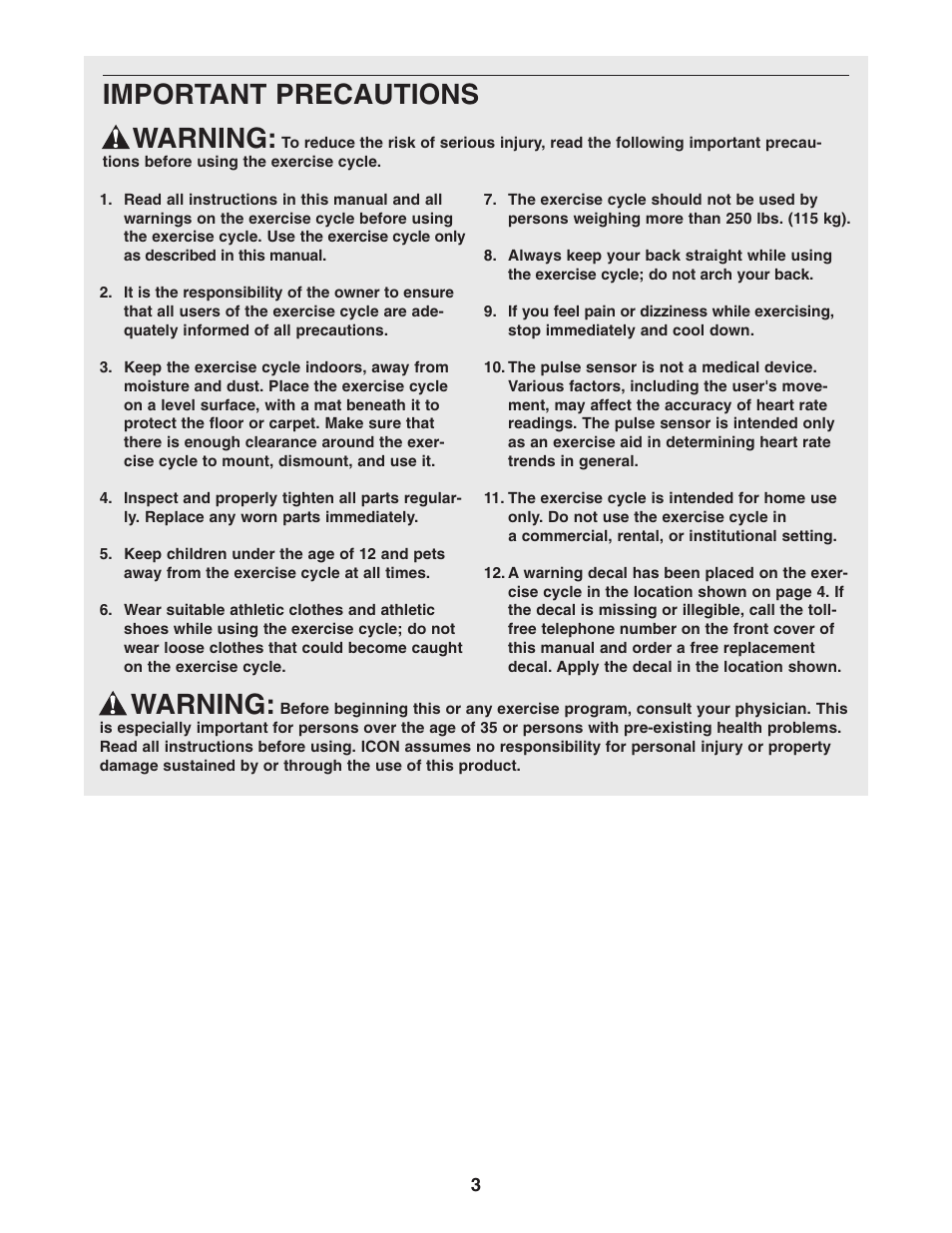 Warning, Important precautions warning | ProForm GR 75 PFEX1495.0 User Manual | Page 3 / 20