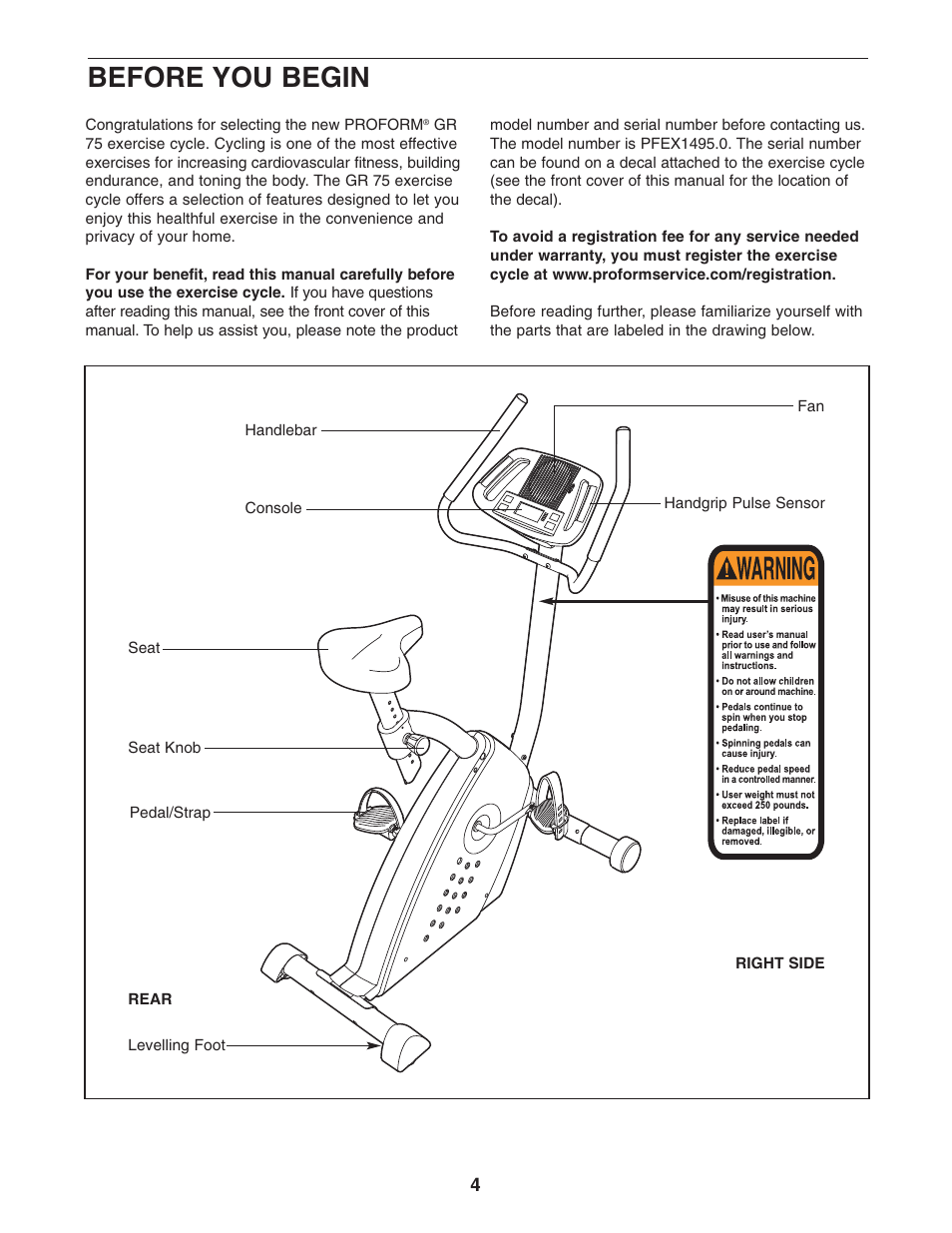 Before you begin | ProForm GR 75 PFEX1495.0 User Manual | Page 4 / 20