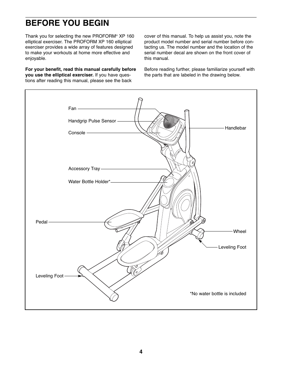 Before you begin | ProForm XP 160 831.28645.1 User Manual | Page 4 / 28