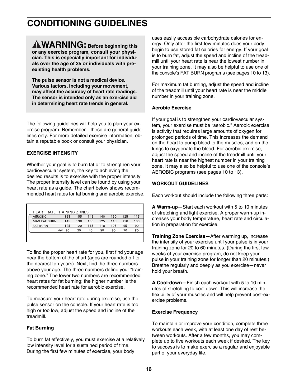 Conditioning guidelines, Warning | ProForm 831.297982 User Manual | Page 16 / 22