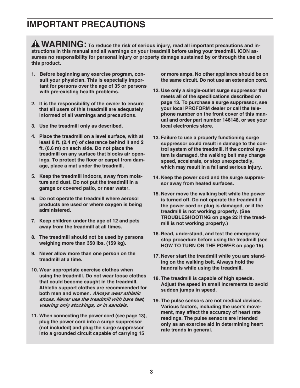 Important precautions, Warning | ProForm PFTL99806.4 User Manual | Page 3 / 30