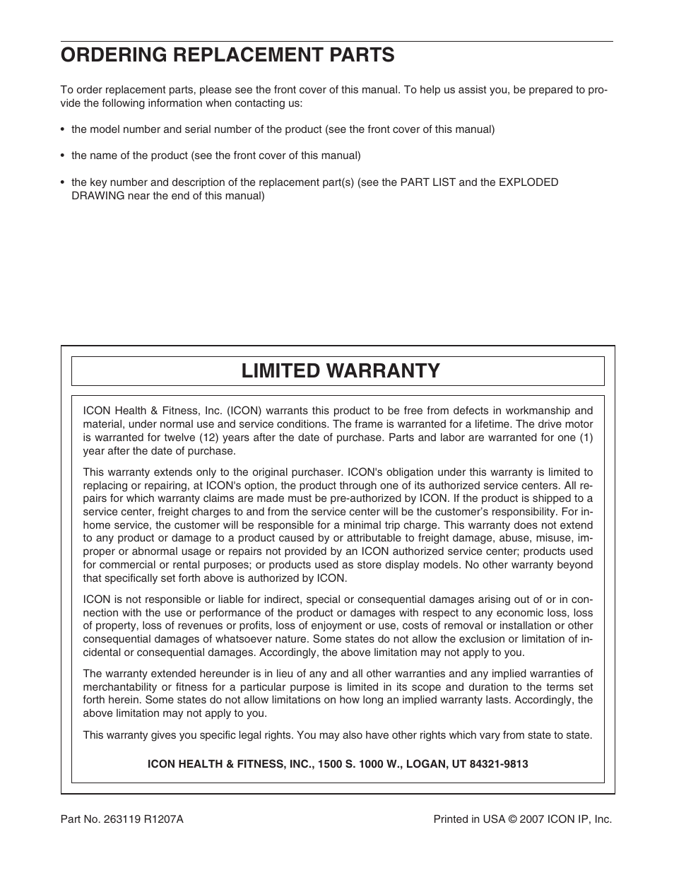 Limited warranty, Ordering replacement parts | ProForm PFTL99806.4 User Manual | Page 30 / 30