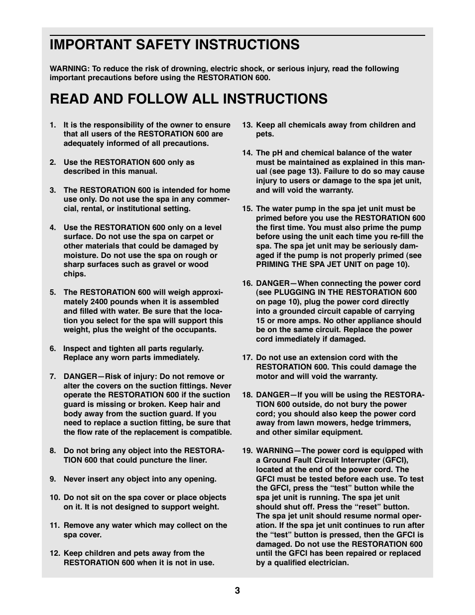 Important safety instructions, Read and follow all instructions | ProForm PFHS60070 User Manual | Page 3 / 17