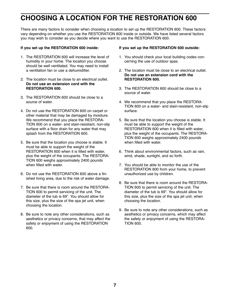 Choosing a location for the restoration 600 | ProForm PFHS60070 User Manual | Page 7 / 17