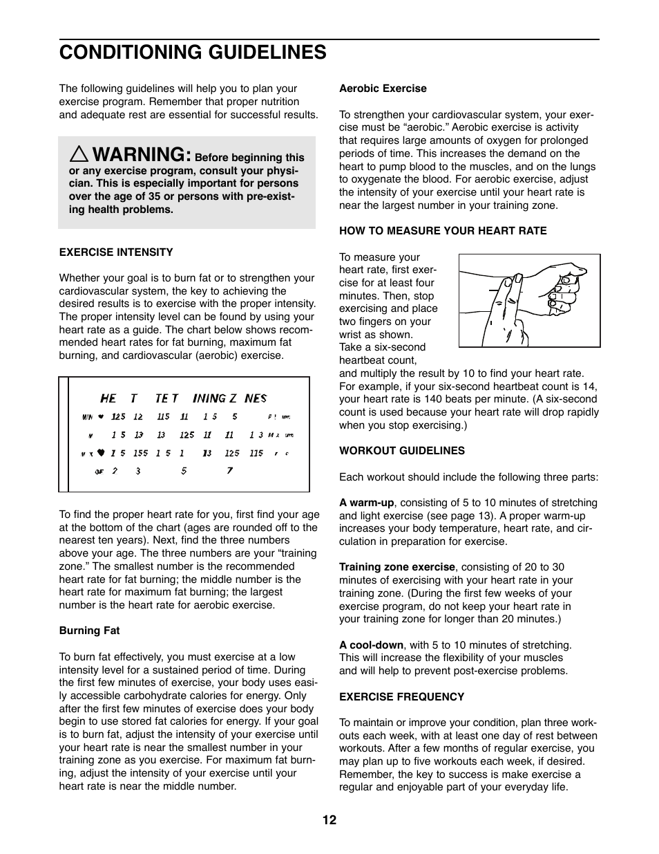 Conditioning guidelines, Warning | ProForm PFEL03900 User Manual | Page 12 / 16