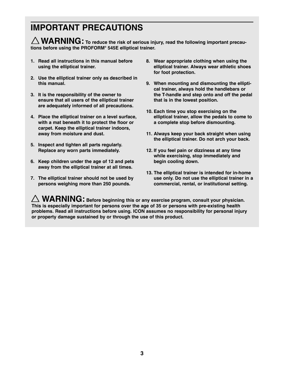 Important precautions warning, Warning | ProForm PFEL03900 User Manual | Page 3 / 16