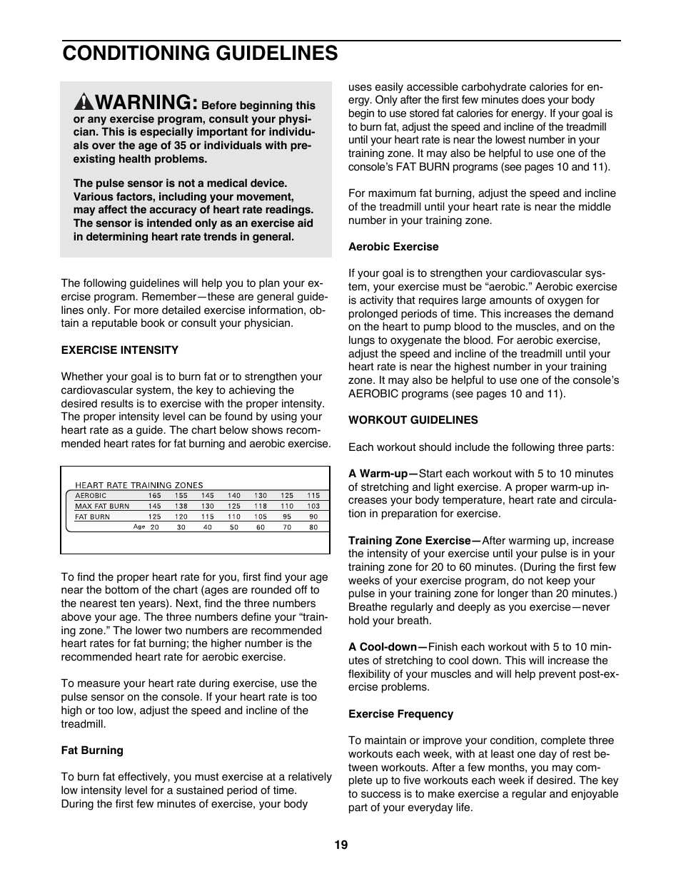 Conditioning guidelines, Warning | ProForm 831.297990 User Manual | Page 19 / 25