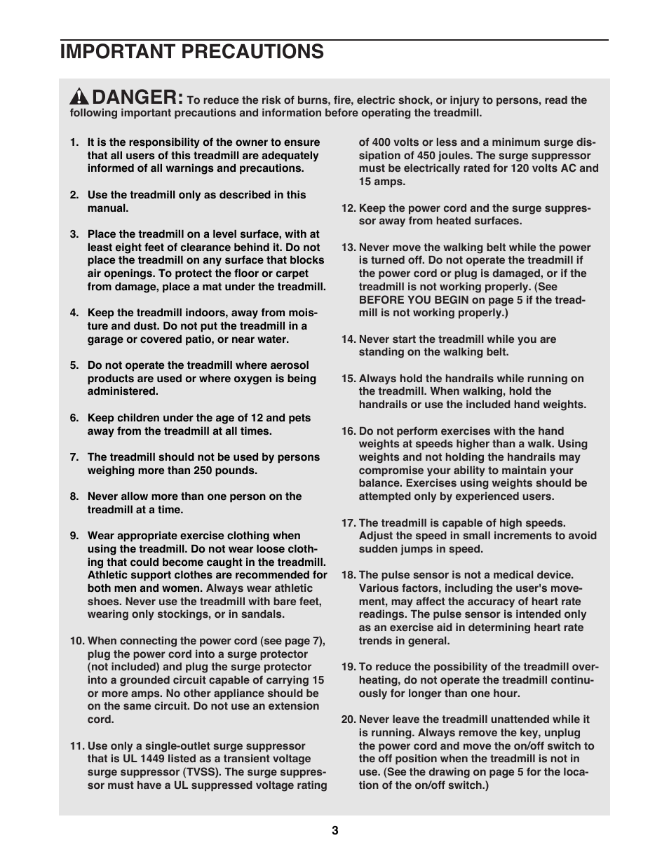 Danger, Important precautions | ProForm 831.297990 User Manual | Page 3 / 25