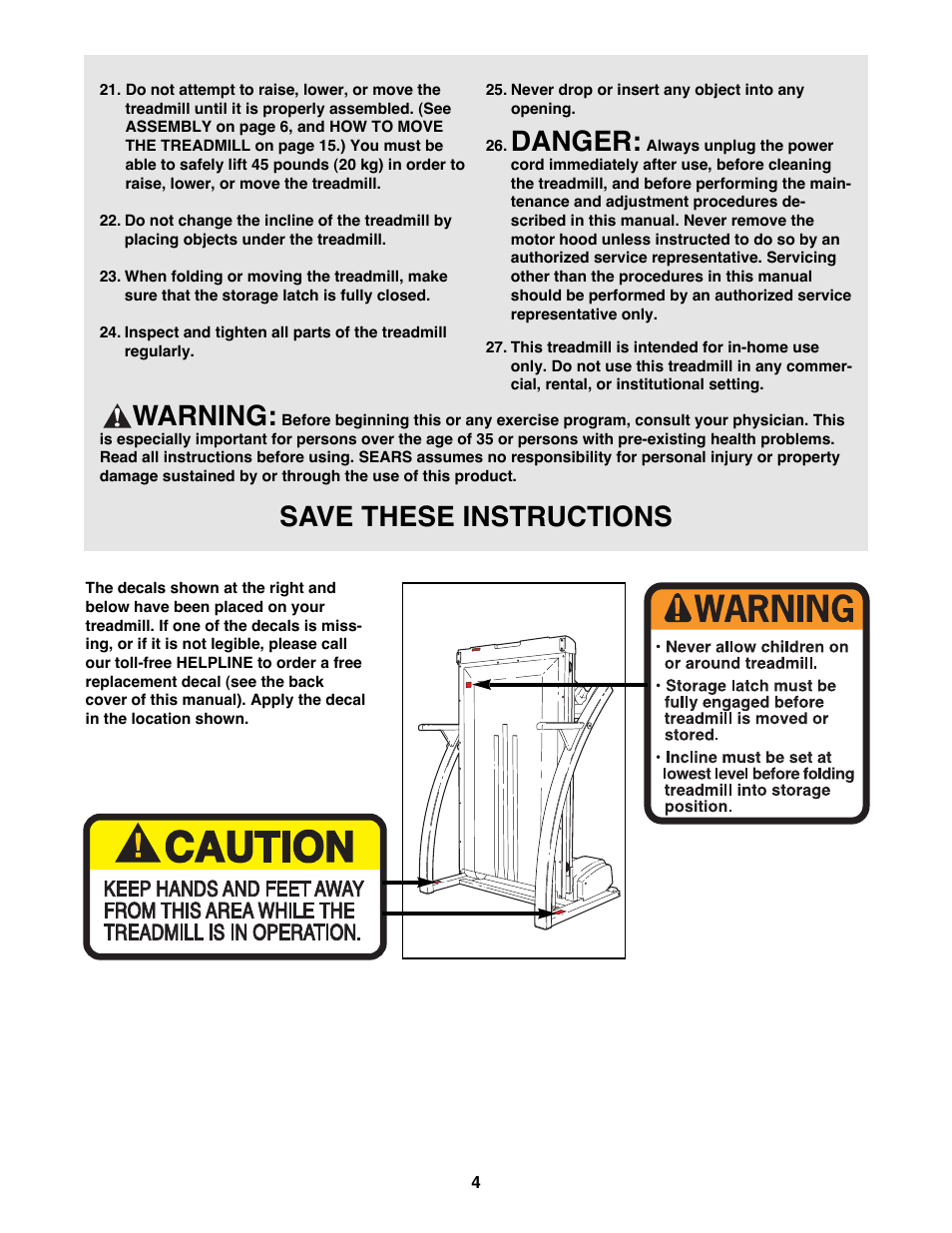 Danger, Warning, Save these instructions | ProForm 831.297990 User Manual | Page 4 / 25