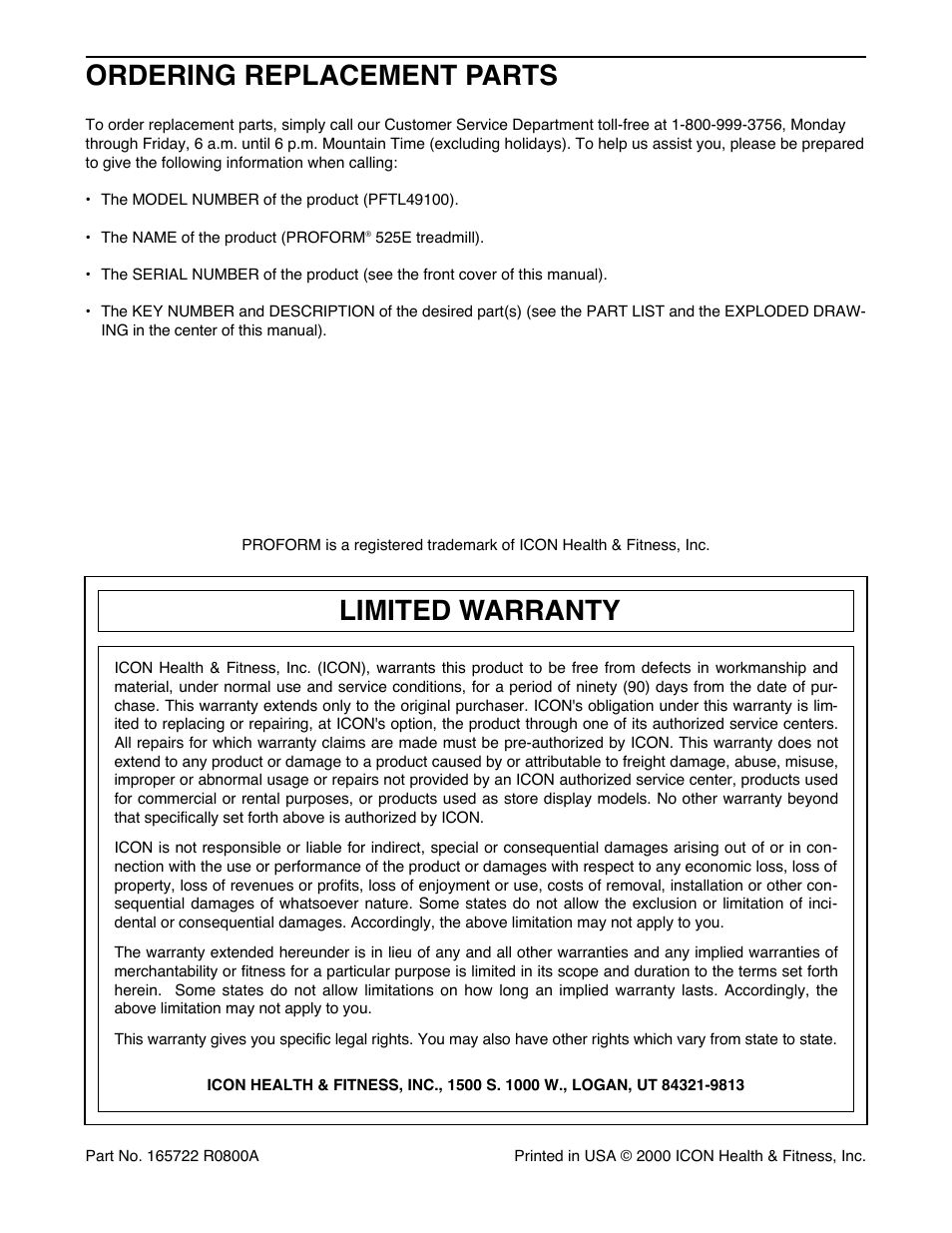 Ordering replacement parts, Limited warranty | ProForm 525E PFTL49100 User Manual | Page 18 / 18