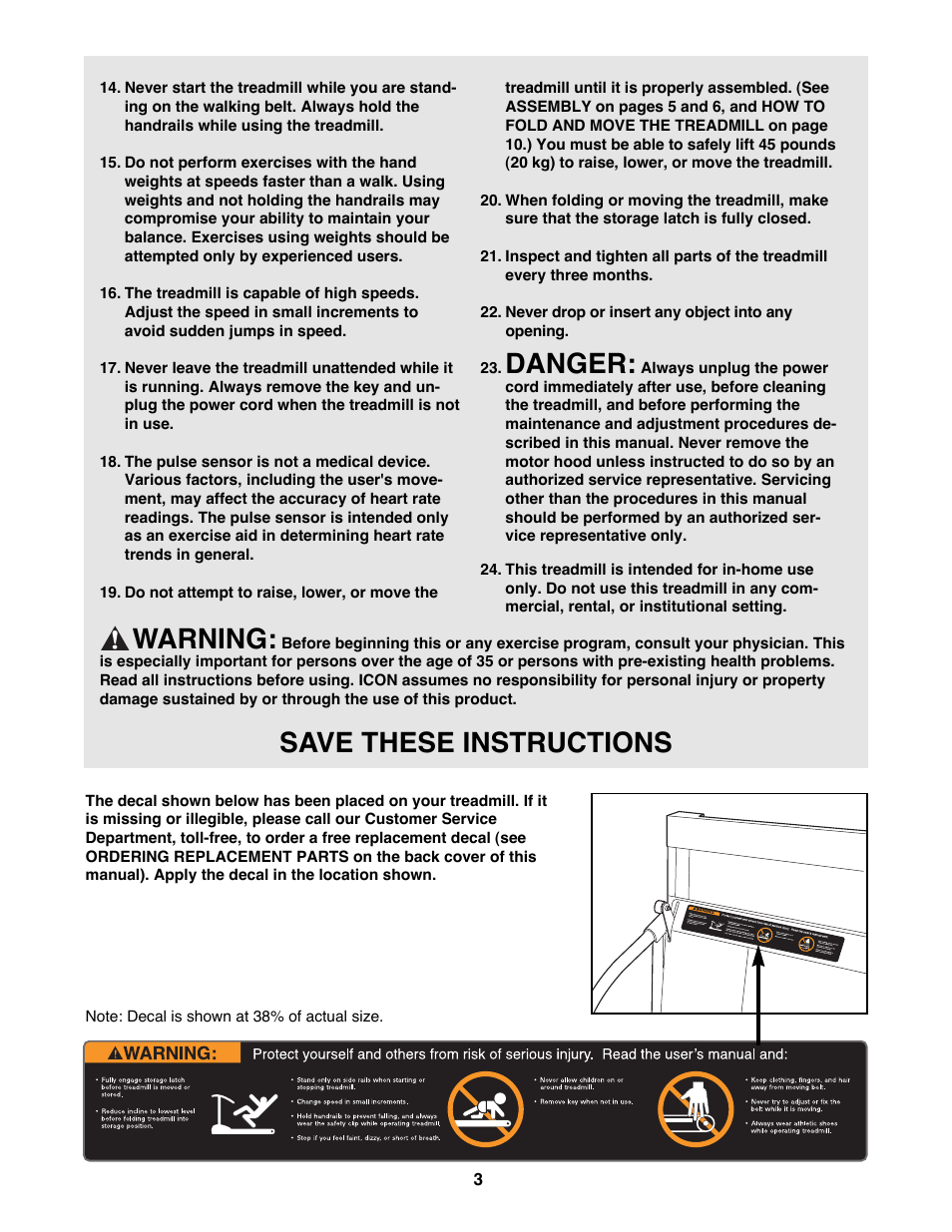 Danger, Warning, Save these instructions | ProForm 525E PFTL49100 User Manual | Page 3 / 18