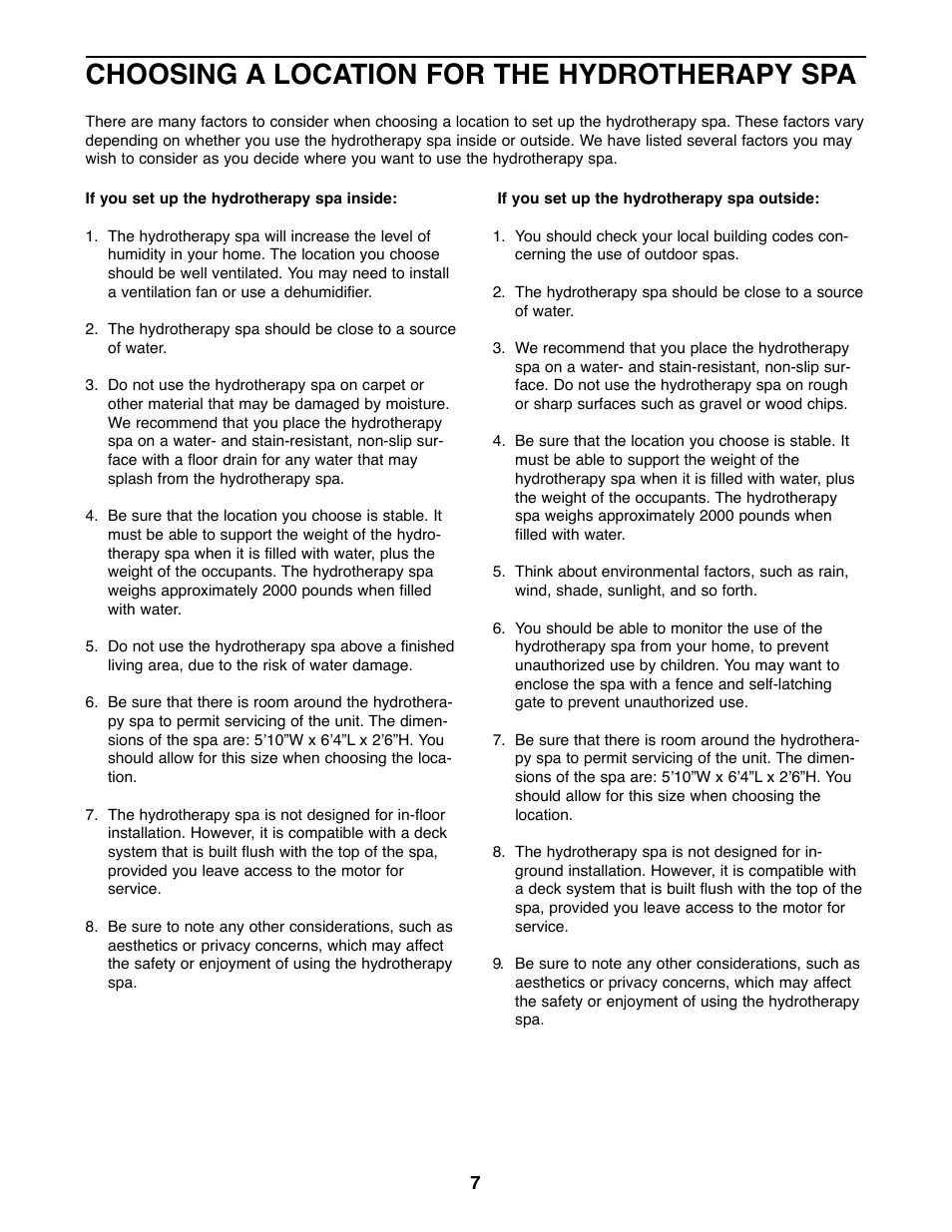 Choosing a location for the hydrotherapy spa | ProForm 831.210051 User Manual | Page 7 / 24