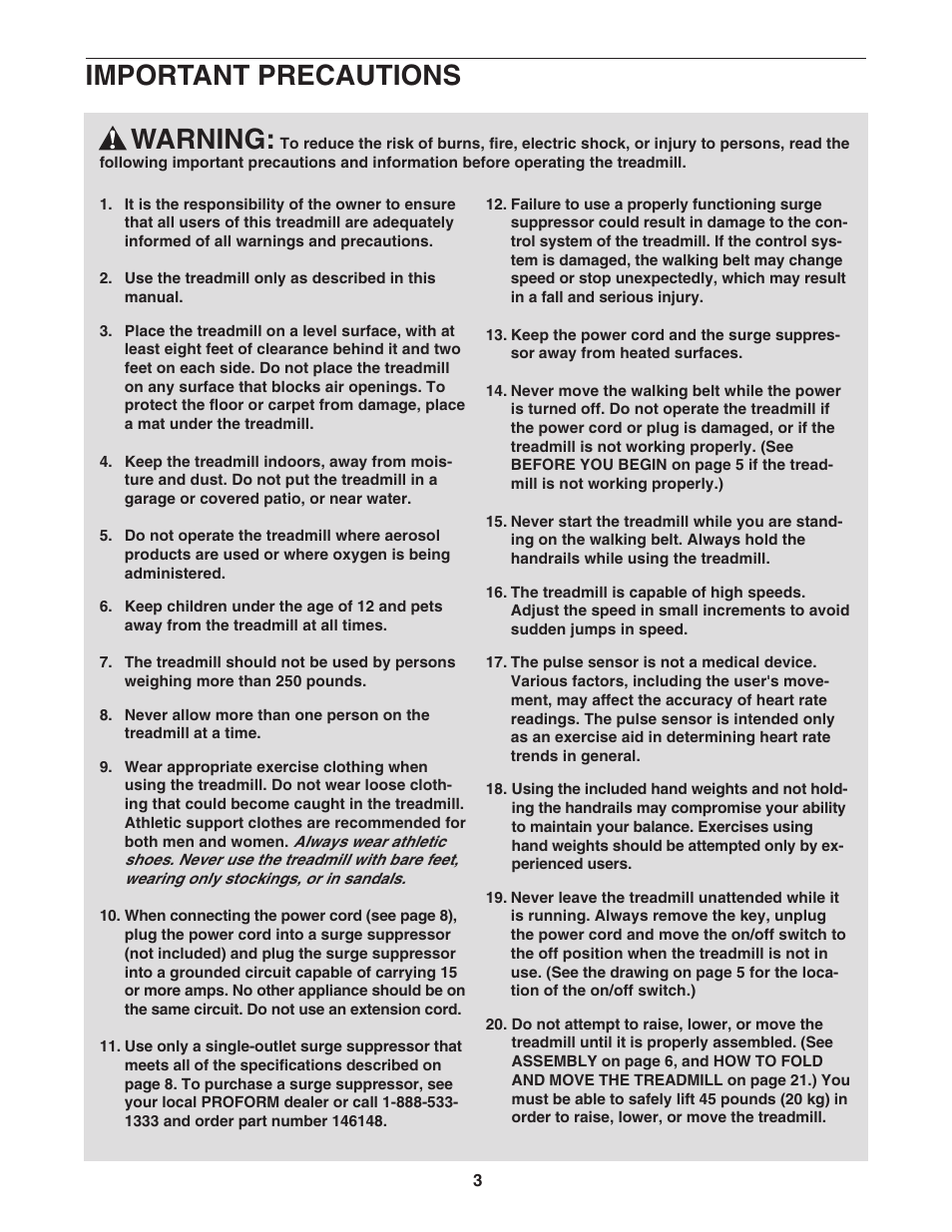 Warning, Important precautions | ProForm PFTL99602 User Manual | Page 3 / 30