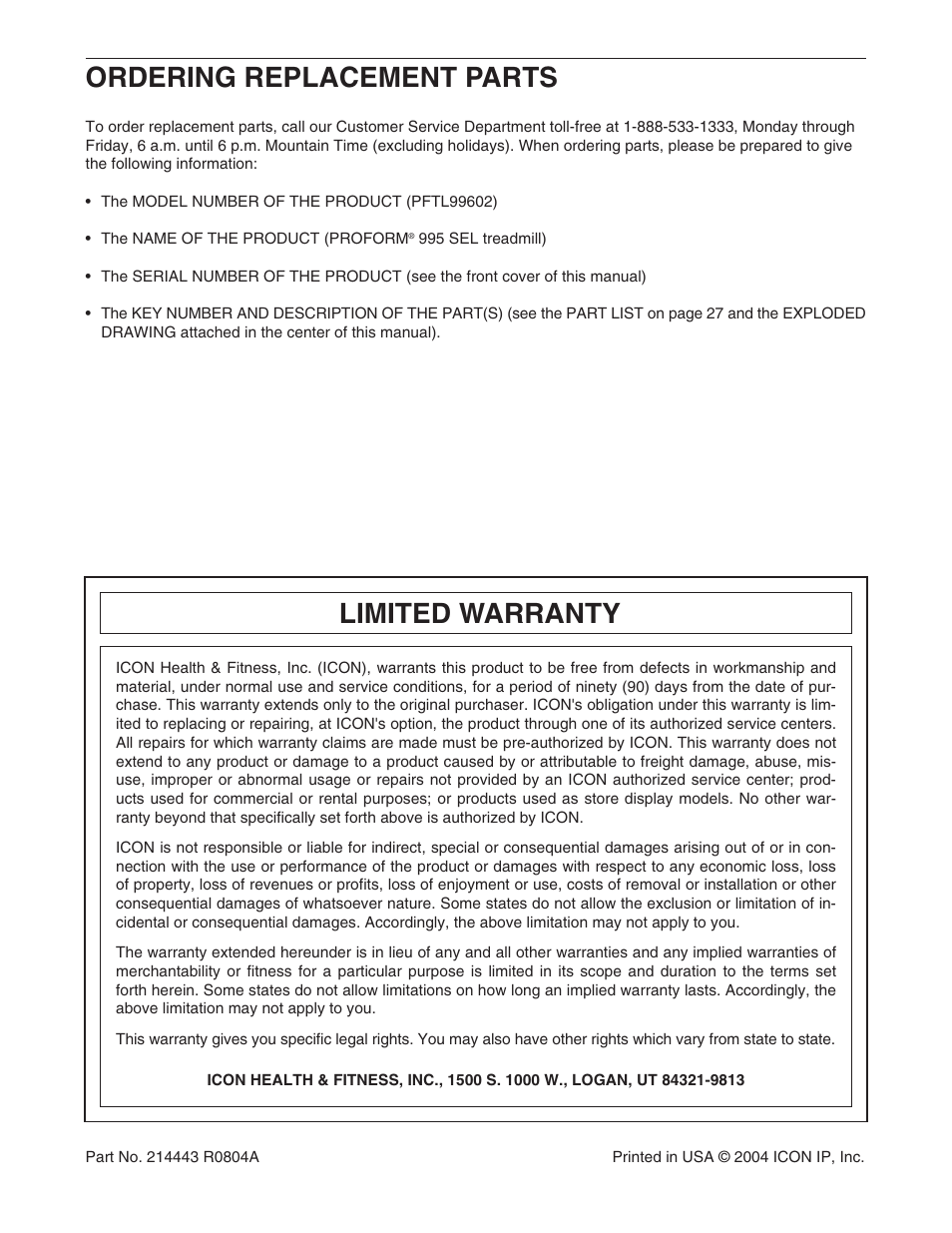 Ordering replacement parts, Limited warranty | ProForm PFTL99602 User Manual | Page 30 / 30