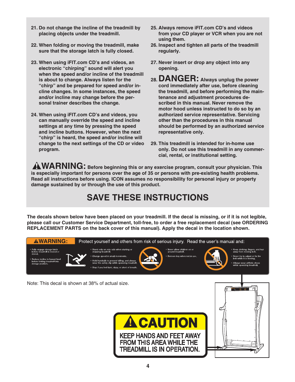 Danger, Warning, Save these instructions | ProForm PFTL99602 User Manual | Page 4 / 30