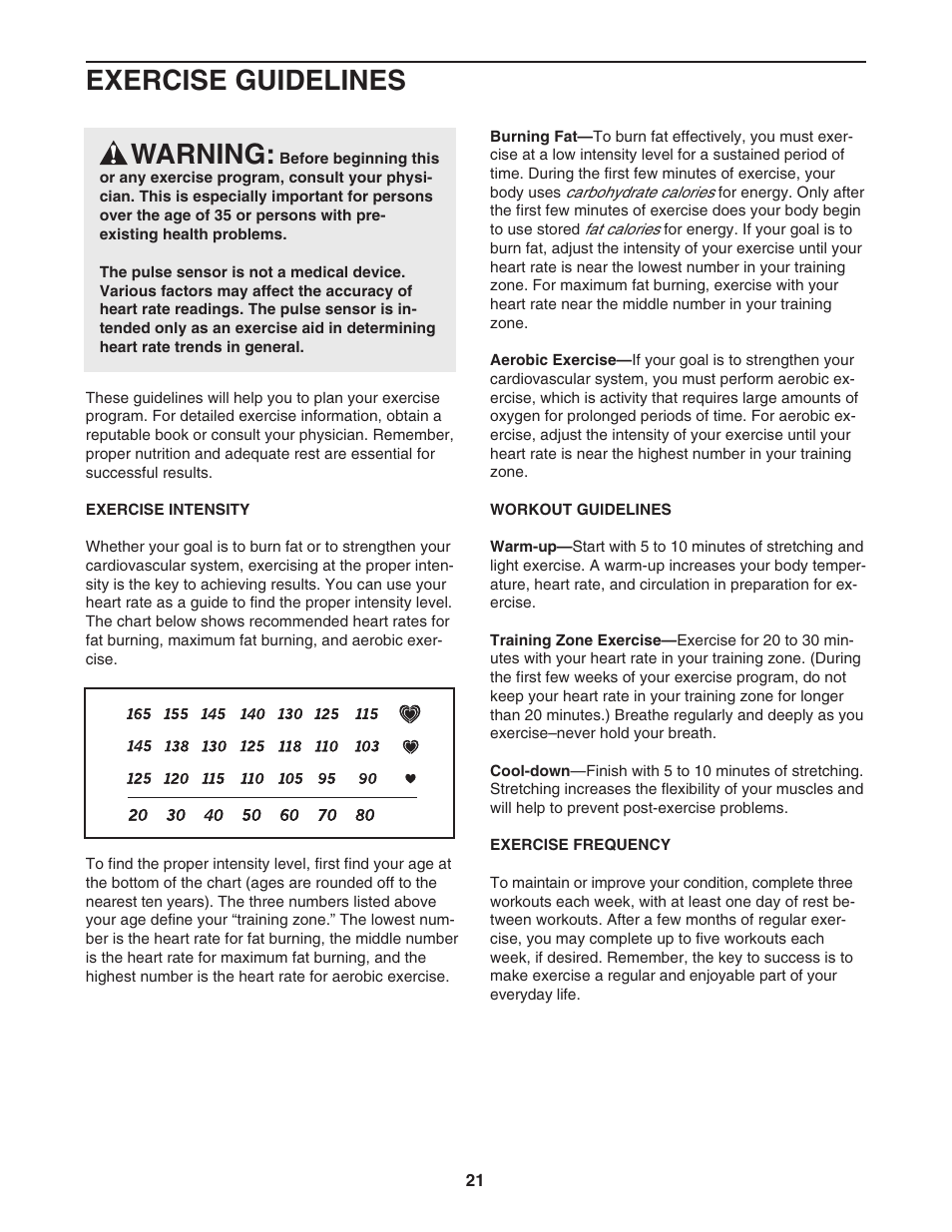 Exercise guidelines warning | ProForm 831.24723.0 User Manual | Page 21 / 28