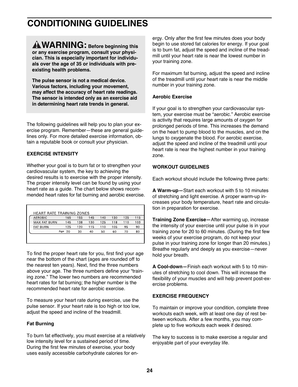 Conditioning guidelines, Warning | ProForm 745CS 831.299463 User Manual | Page 24 / 30