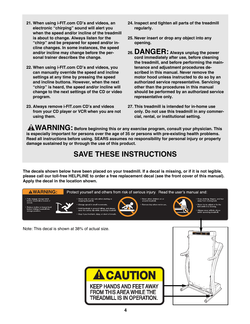 Danger, Warning, Save these instructions | ProForm 745CS 831.299463 User Manual | Page 4 / 30