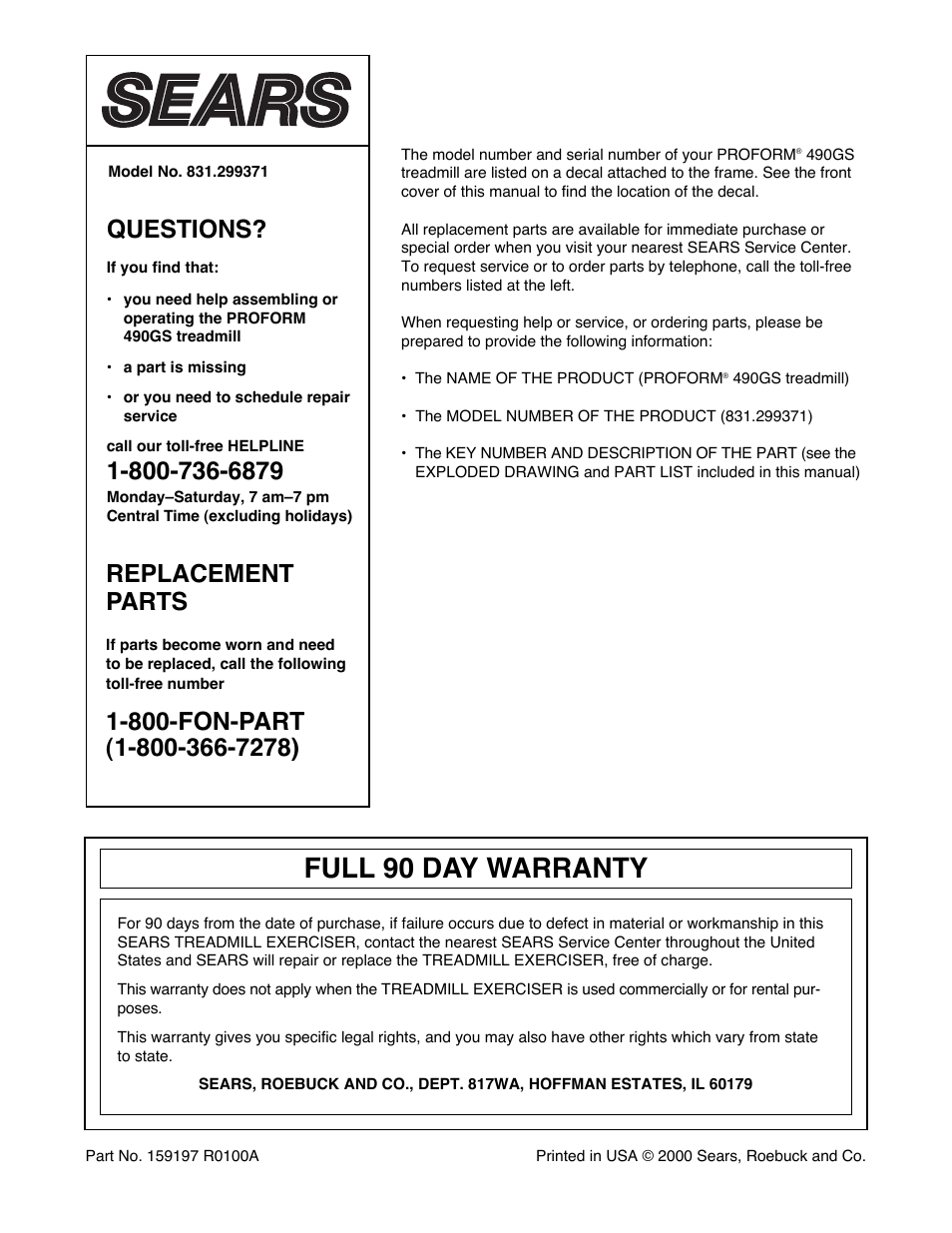 Full 90 day warranty, Questions, Replacement parts | ProForm 490GS 831.299371 User Manual | Page 18 / 18