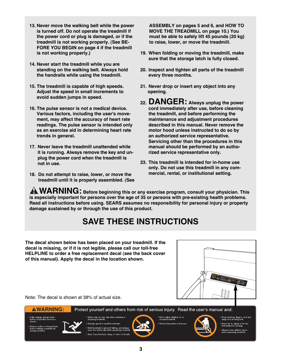 Danger, Warning, Save these instructions | ProForm 490GS 831.299371 User Manual | Page 3 / 18