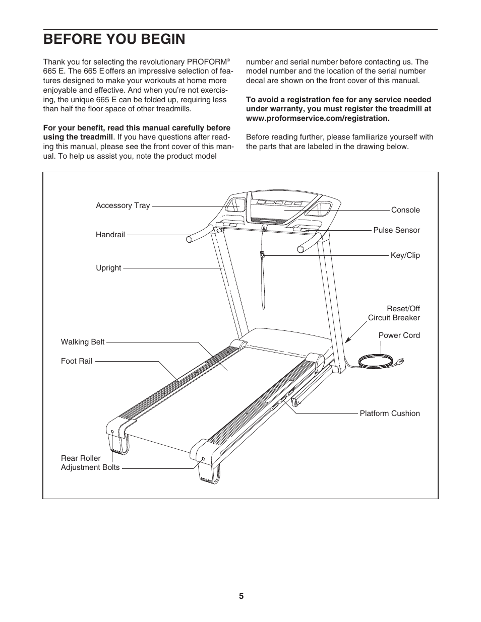 Before you begin | ProForm 665 E PFTL56507.0 User Manual | Page 5 / 32