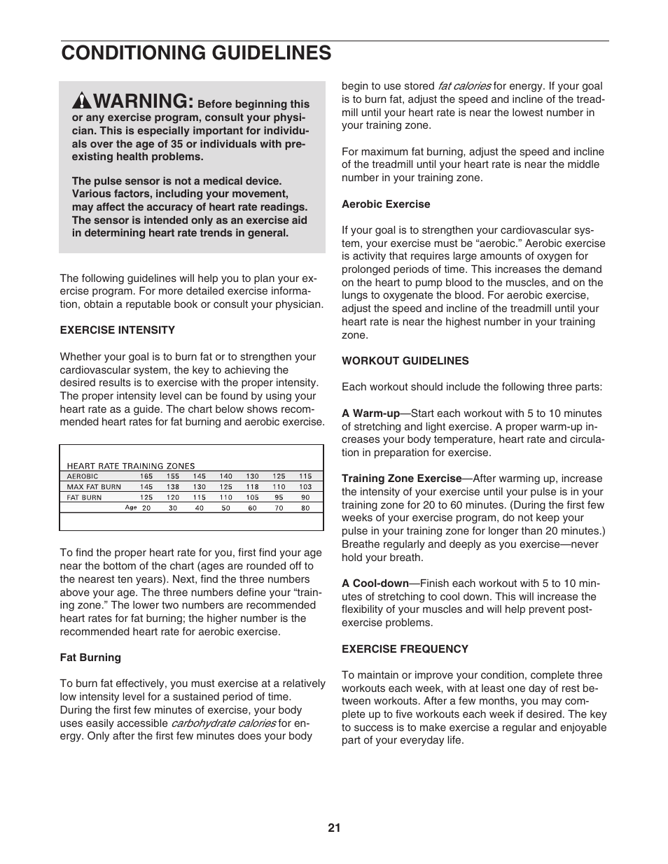 Conditioning guidelines, Warning | ProForm 831.24646.1 User Manual | Page 21 / 28