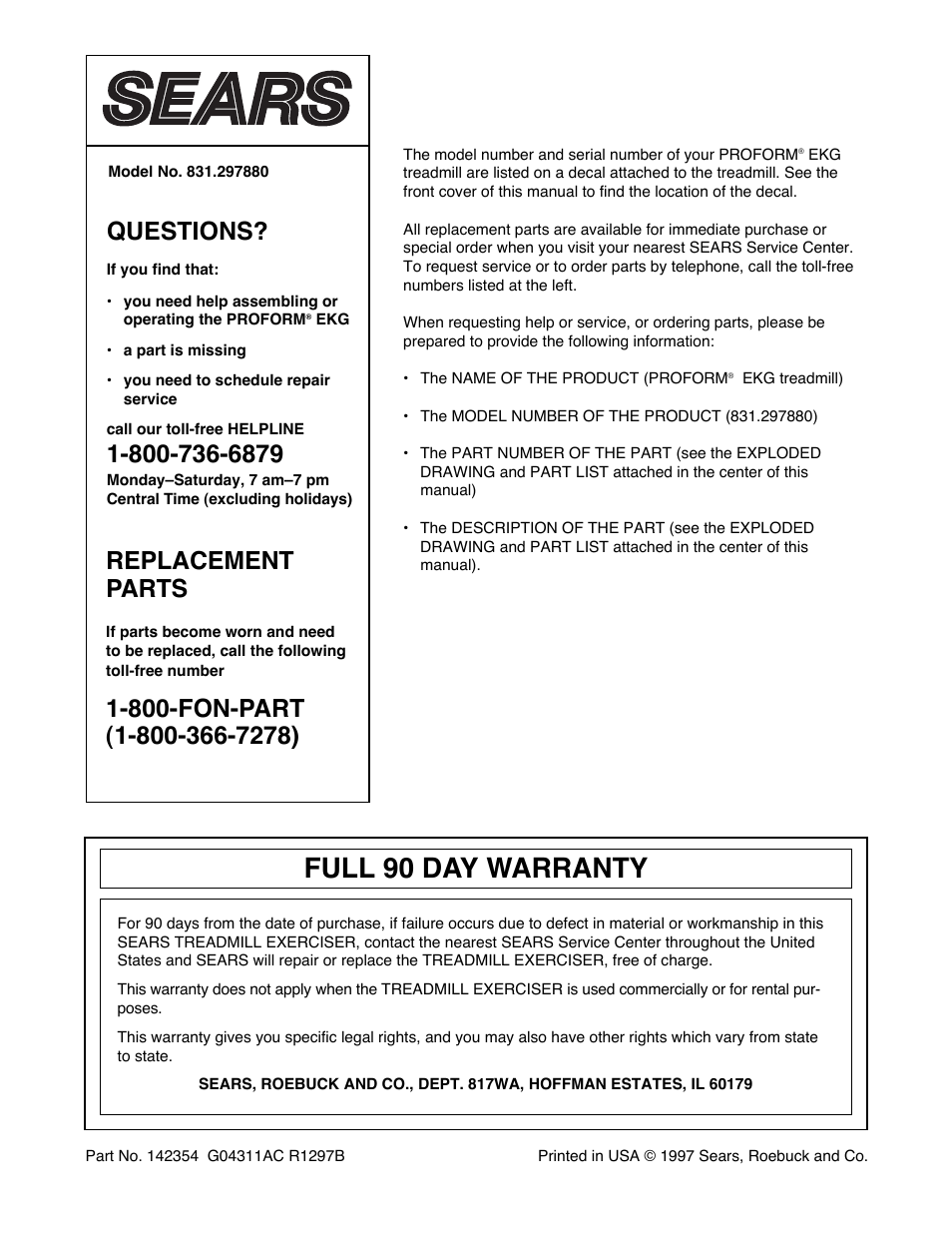 Full 90 day warranty, Questions, Replacement parts | ProForm 831.297880 User Manual | Page 20 / 20