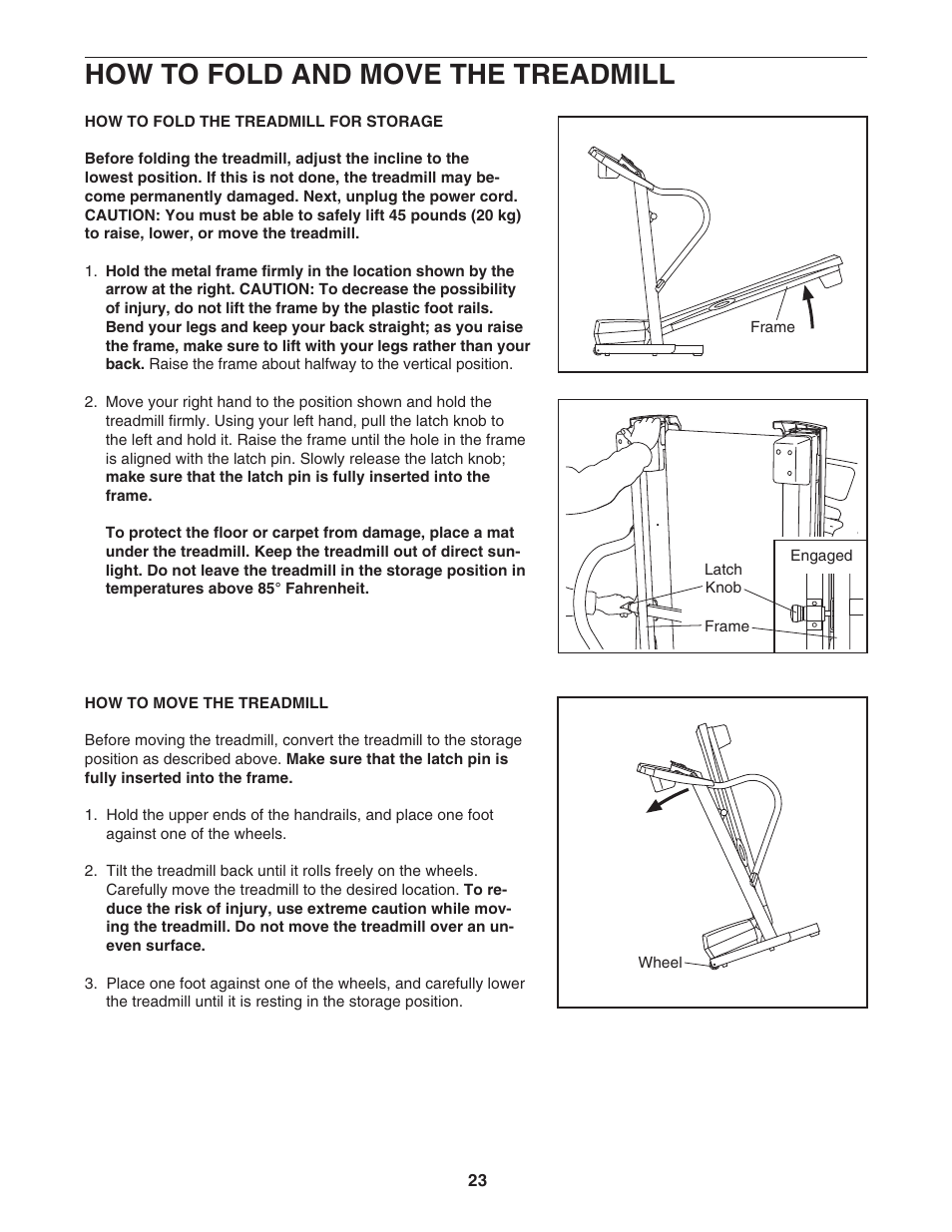 How to fold and move the treadmill | ProForm 831.29604.0 User Manual | Page 23 / 30