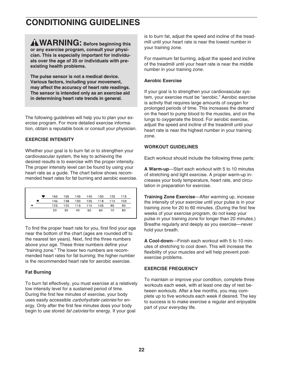 Conditioning guidelines, Warning | ProForm 400C User Manual | Page 22 / 26