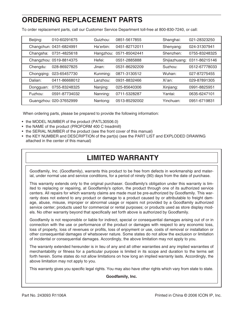 Ordering replacement parts, Limited warranty | ProForm 400C User Manual | Page 26 / 26