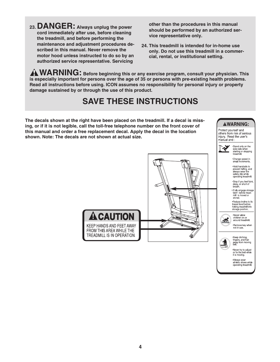 Danger, Warning, Save these instructions | ProForm 400C User Manual | Page 4 / 26
