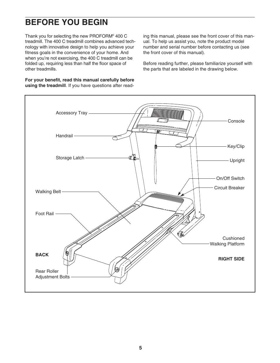Before you begin | ProForm 400C User Manual | Page 5 / 26
