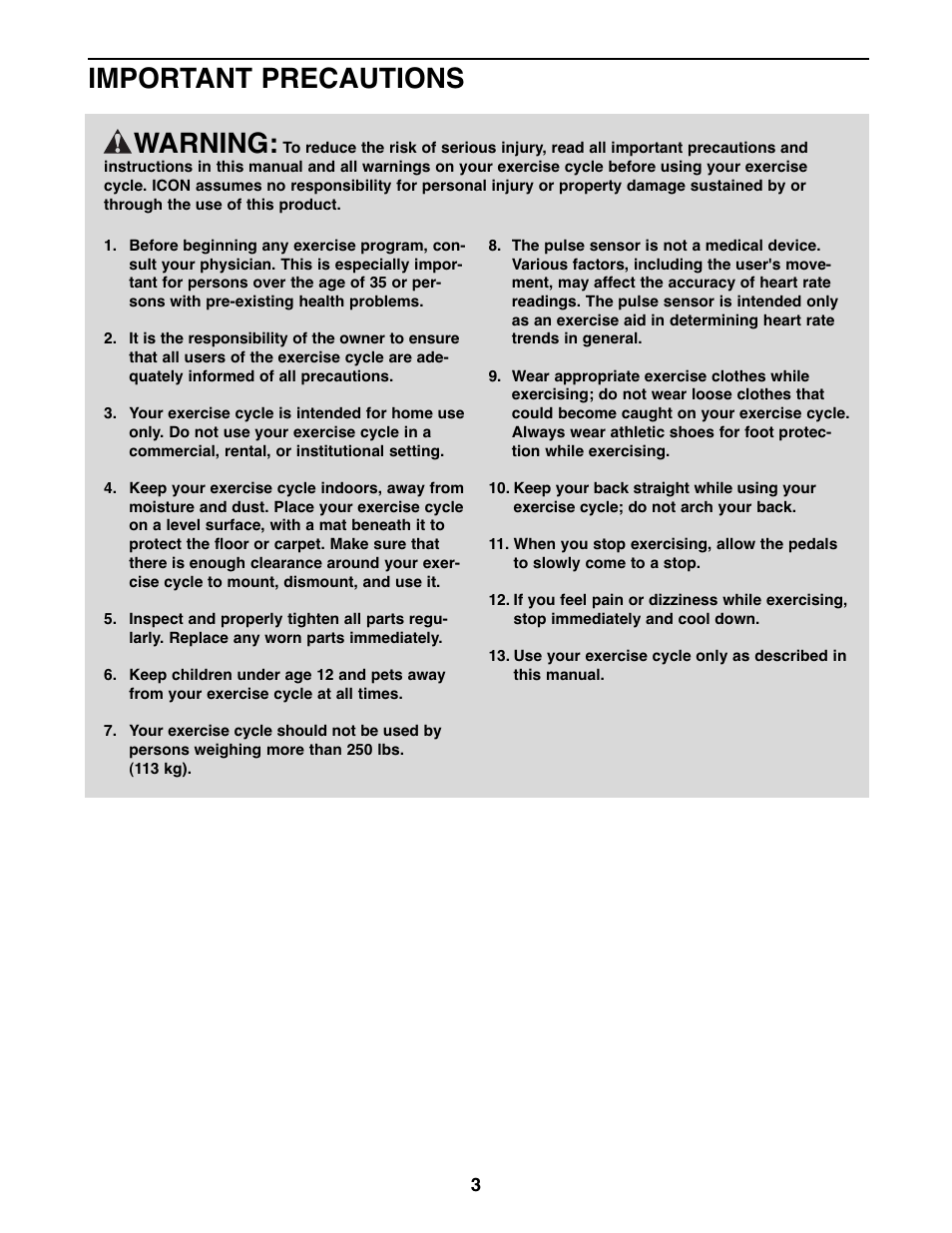 Warning, Important precautions | ProForm PFEX1995.3 User Manual | Page 3 / 20