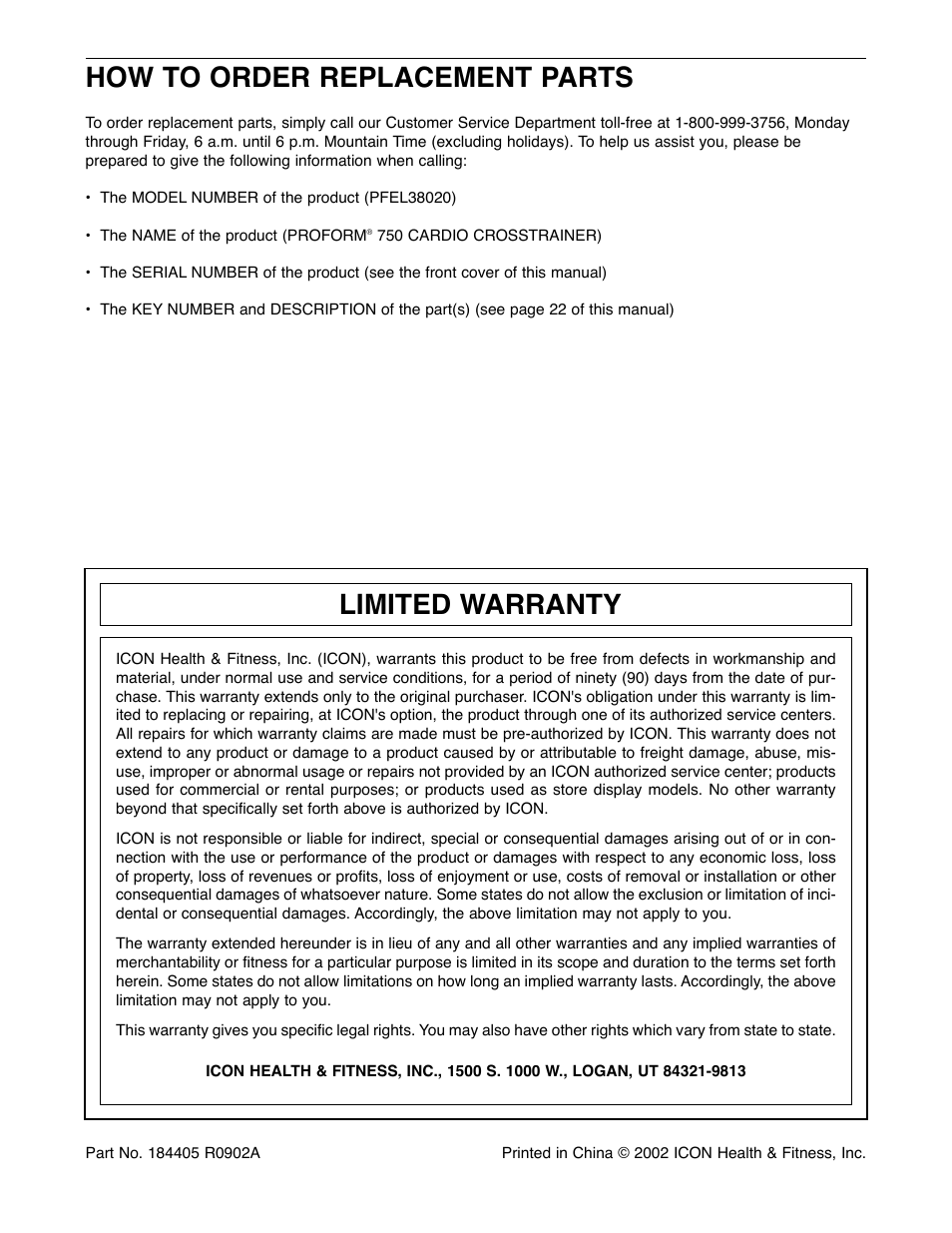 How to order replacement parts, Limited warranty | ProForm 750 User Manual | Page 24 / 24