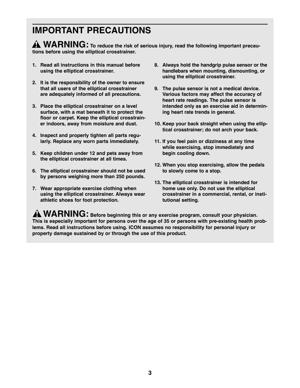 Important precautions warning, Warning | ProForm 750 User Manual | Page 3 / 24