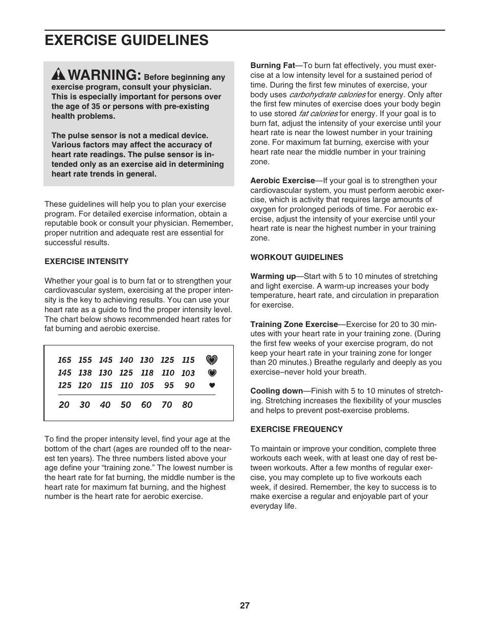 Exercise guidelines warning | ProForm CROSSWALK CALIBER ELITE PFTL71505.2 User Manual | Page 27 / 30
