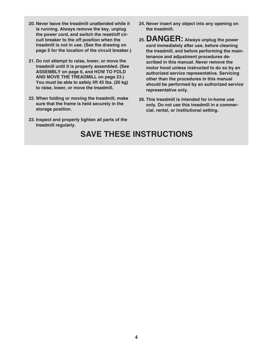 Danger, Save these instructions | ProForm CROSSWALK CALIBER ELITE PFTL71505.2 User Manual | Page 4 / 30
