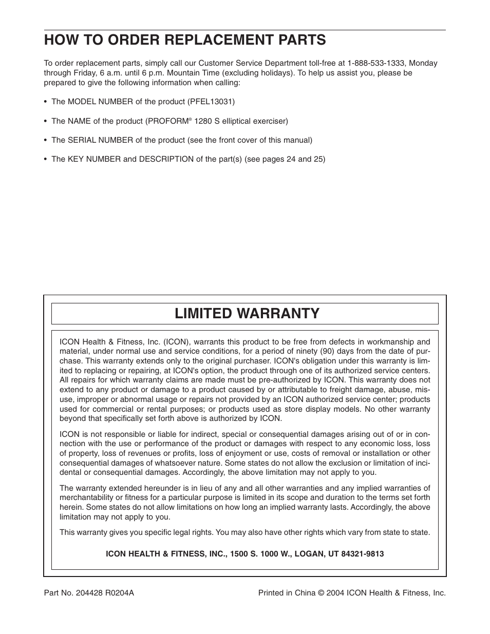 How to order replacement parts, Limited warranty | ProForm PFEL13031 User Manual | Page 28 / 28