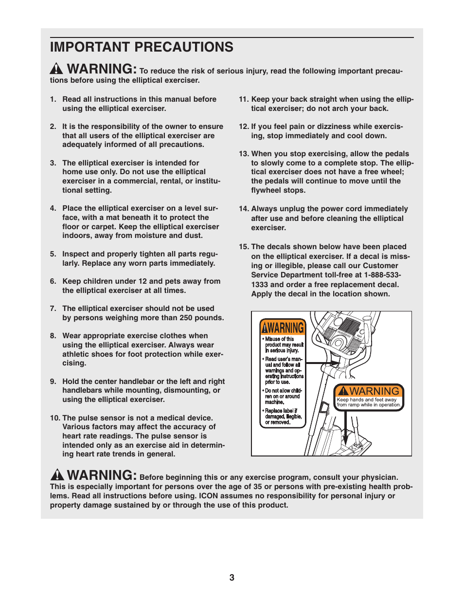 Important precautions warning, Warning | ProForm PFEL13031 User Manual | Page 3 / 28