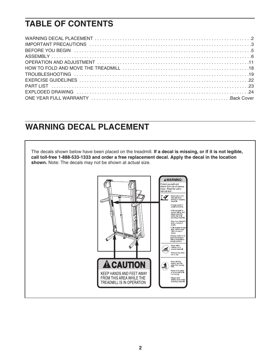 Warning decal placement table of contents | ProForm 831.24745.1 User Manual | Page 2 / 28