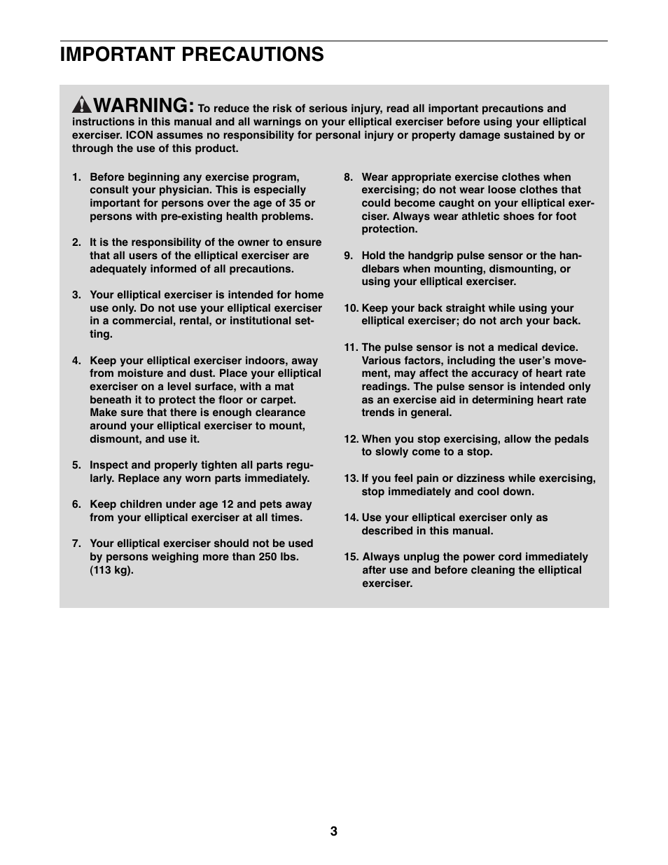 Warning, Important precautions | ProForm PFEL07907.0 User Manual | Page 3 / 32