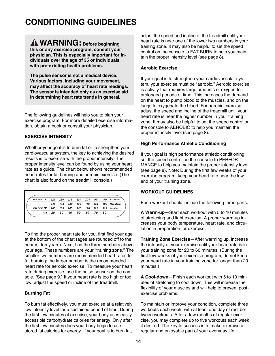 Conditioning guidelines, Warning | ProForm 831.297682 User Manual | Page 14 / 18